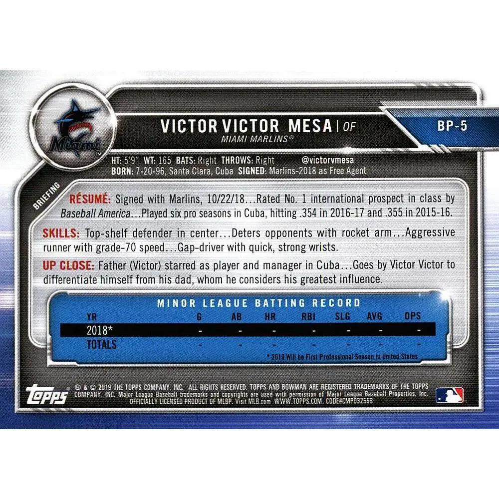 2019 Bowman Prospects Victor Victor Mesa #BP-5 Miami Marlins